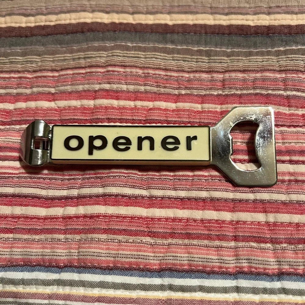 Vintage Metal Bottle and Can Opener Tool Beige Cream Lettering Retro Kitchen Bar
